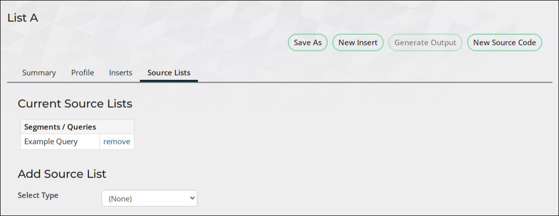 The Source Lists tab of a source code displays the selected queries  in the Current Source Lists section.