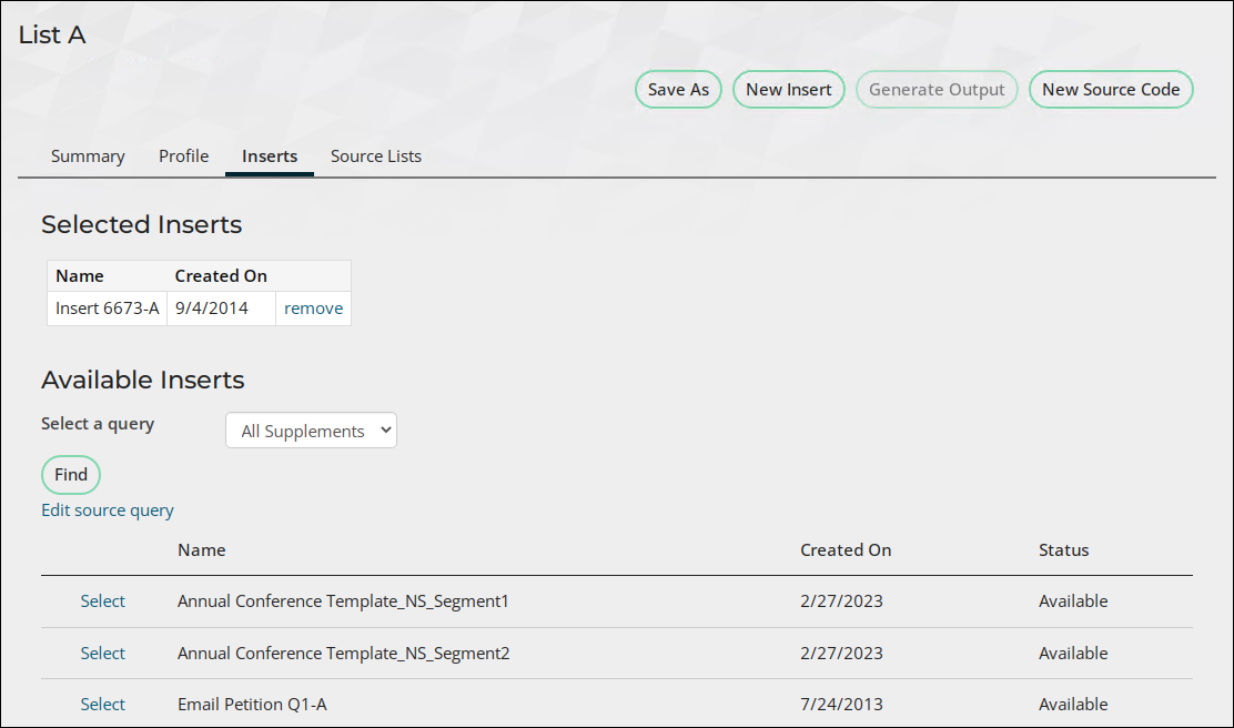 The Inserts tab of a source code displays the Selected Inserts.