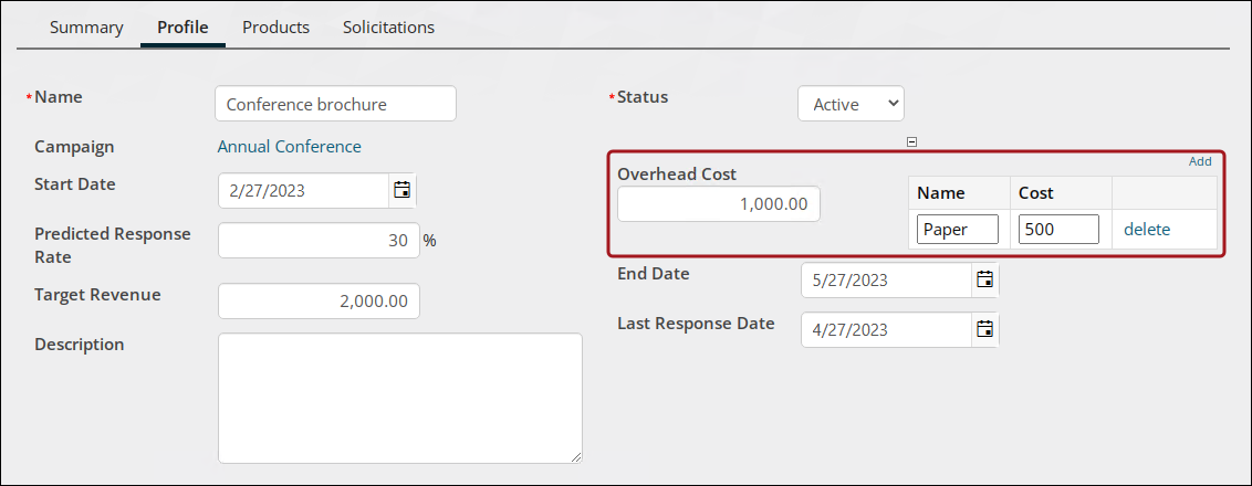 Screenshot highligting the Overhead Cost area on the Profile tab of the appeal. 