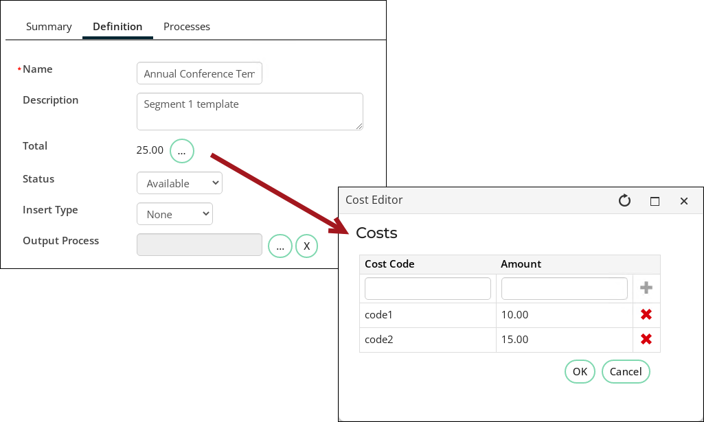 Clicking the ellipsis button next to the Total opens the Cost Editor window. The Cost Editior window contains a table listing each Cost Code along with its amount. The top row of the table contains empty fields for adding a new Cost Code.