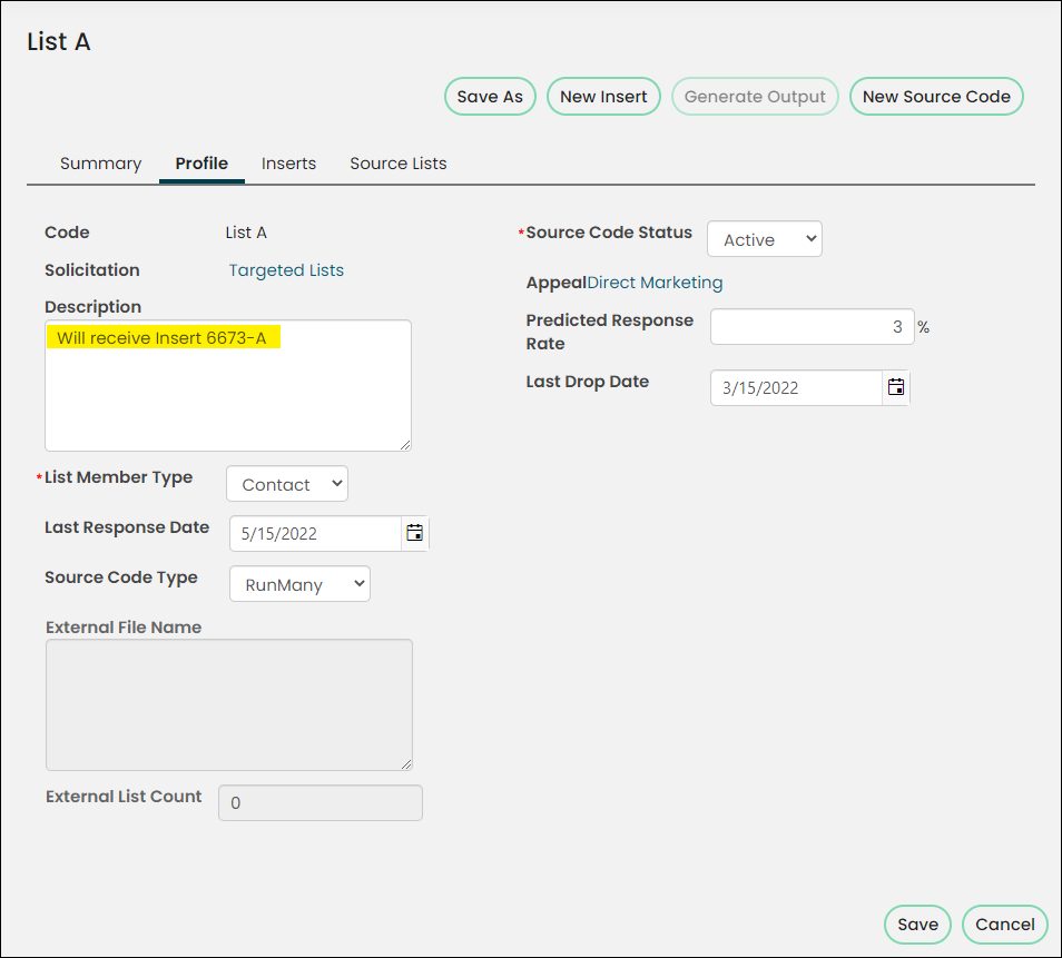 Screenshot hlighting the Description field on the Profile tab of a source code.