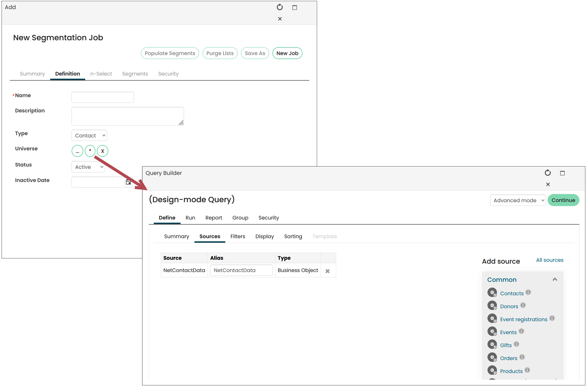 Clicking the asterisk button from the Universe area of the New Segmentation Job opens a new window for defining a universe query.