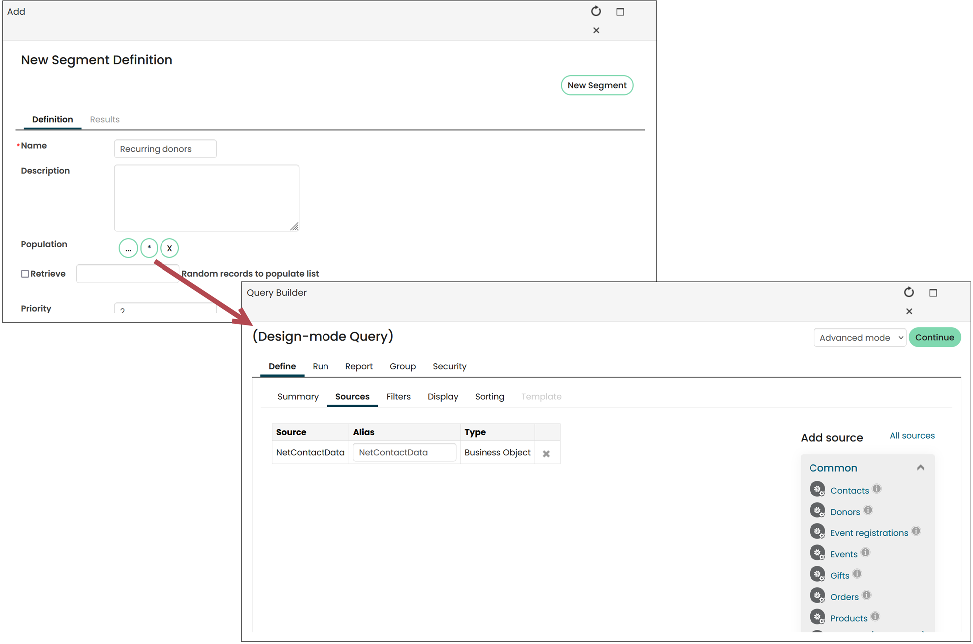 Clicking the asterisk button from the Population area of the New Segmentat Definition opens a new window for defining a universe query.