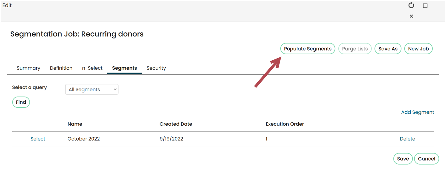 Screenshot of the edit window for a segmention job with an arrow pointing at the Populate Segments button in the upper Right-hand corner.