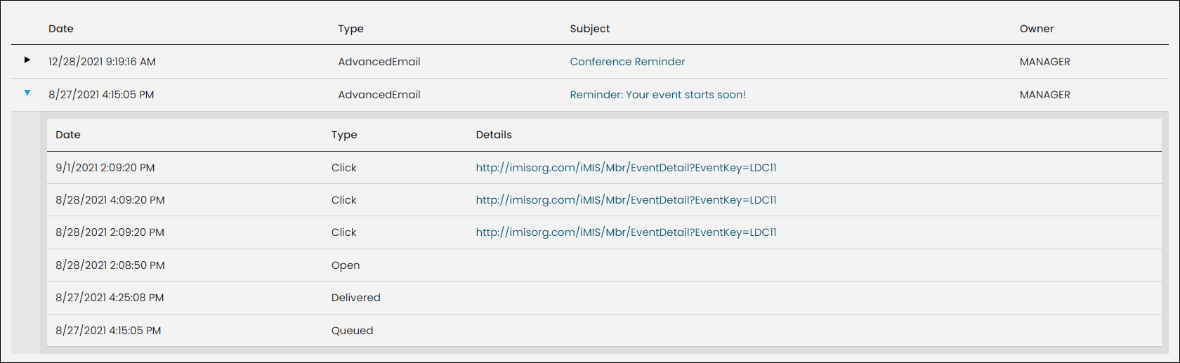 Expanding a specific communication from the Interaction Log reveals the date, type, and details for each interaction with the communication.