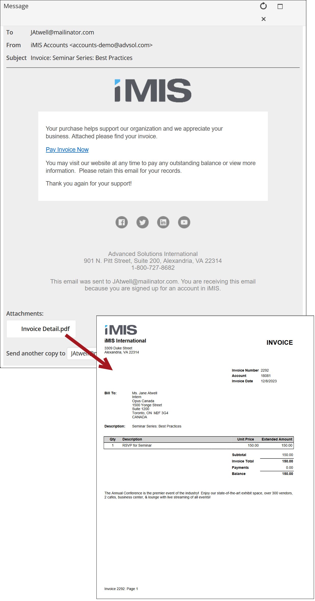 Email template serving as an invoice notice to a recipient, featuring a supportive message for the purchase, instructions to visit the website for payment, and a thanks for support. The template includes the company logo, company contact details, social media icons, and a PDF attachment of the detailed invoice, reflecting an organized billing communication