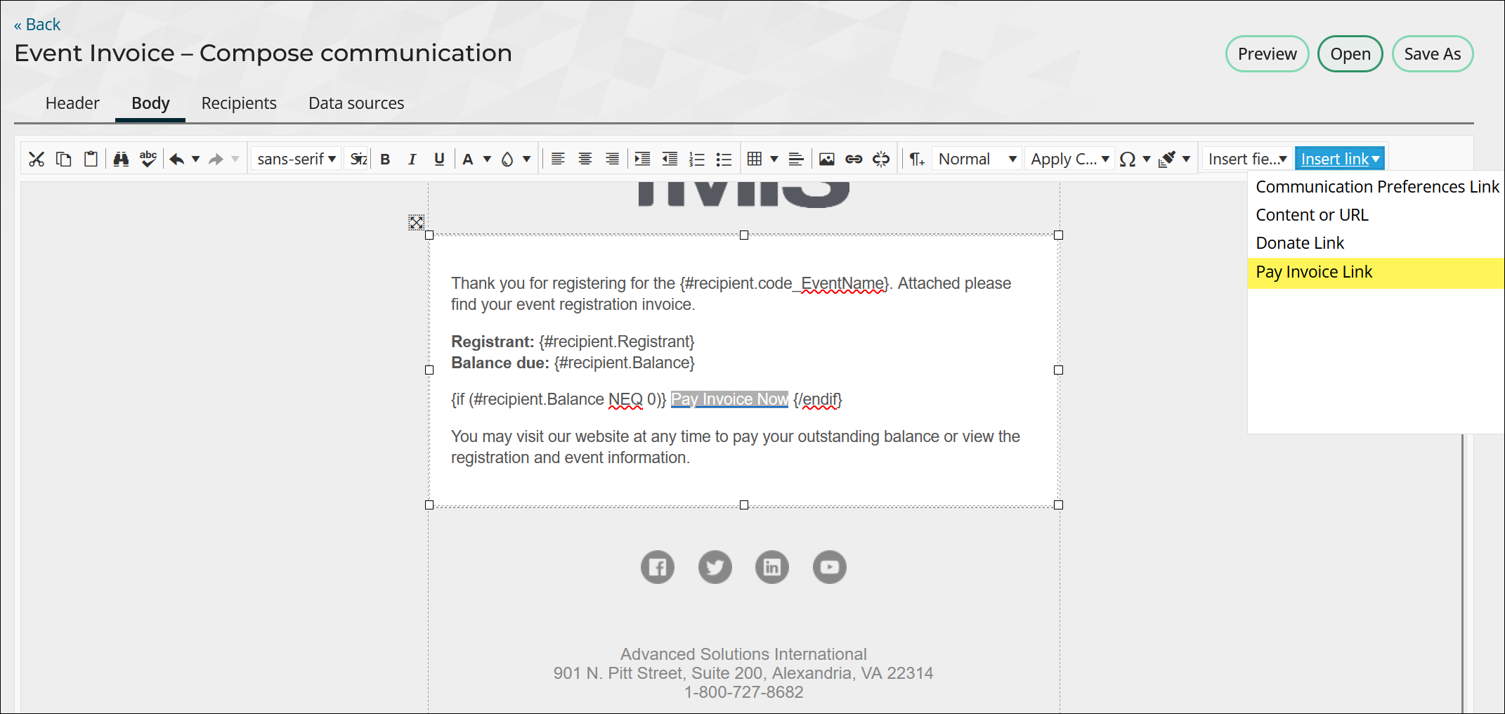 Updating a link within a sample communication template