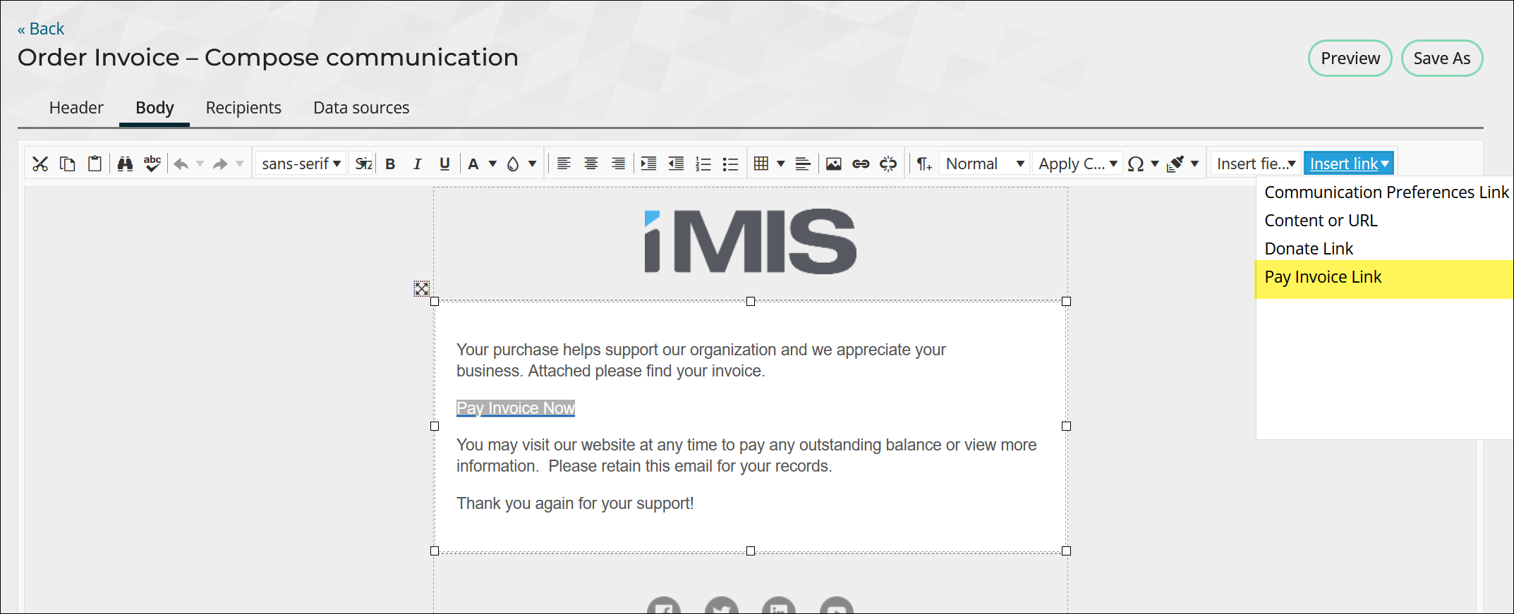 Updating a link within a sample communication template