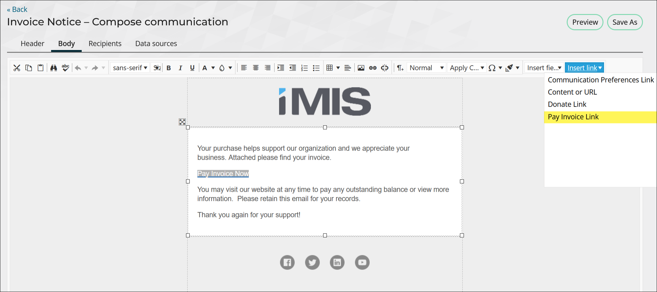 Updating a link within a sample communication template