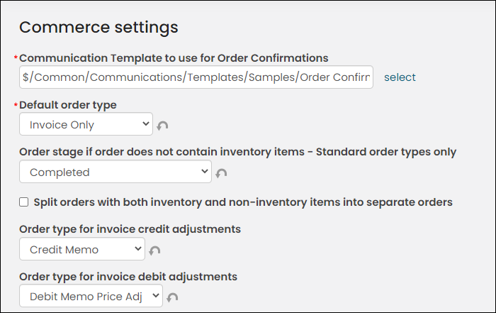 Specifying the path for the communication template to use for order confirmations from the Commerce settings.