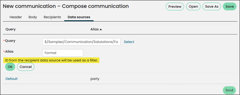 Screenshot of adding an additional data source that uses ID as a filter to a new communiction, highligting a message that appears below the Alias field, which says "ID from the reciepient data source will be used a filter."