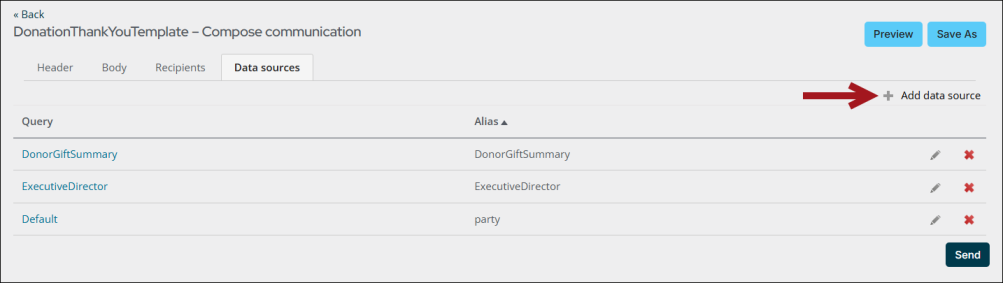 Viewing the Data sources tab of a new communication, where the Add data source link appears in the upper right-hand corner.