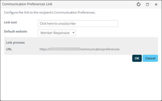 The Communication Prerefences Link window provides fields for configuring the Link Text and Default website. Below the fields, a Link preview displays the link as it will apear to recipients. Below the Link preview, the actual URL for the Communication Preferences link is displayed.