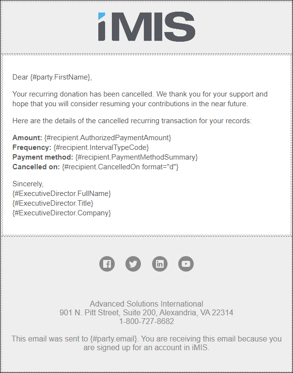 Email template for confirming the cancellation of a recurring donation, including placeholders for donation amount, frequency, payment method, and cancellation date.