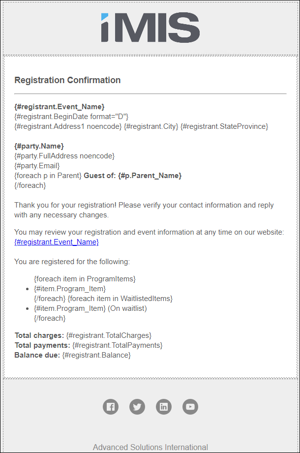 Event registration confirmation email template displaying placeholders for event information and recipient details, including a list of registered items and financial summary, embellished with the company logo and social media icons in the footer.