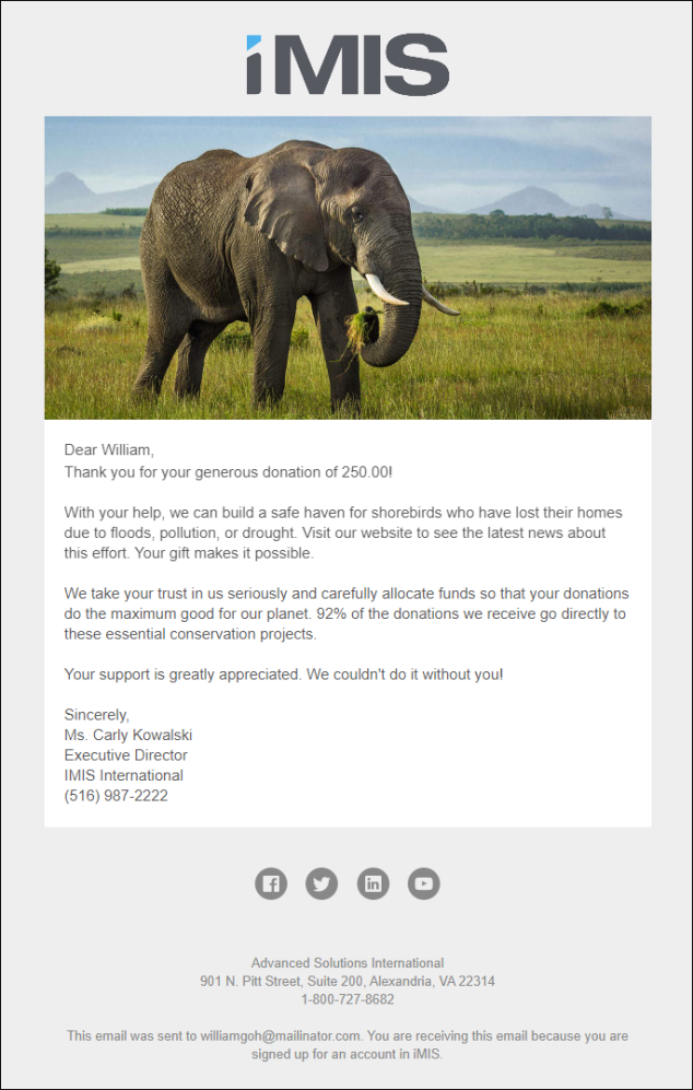Thank you email template for donations including an elephant image, a message acknowledging the contribution, and signature from the Executive Director with organizational contact details.