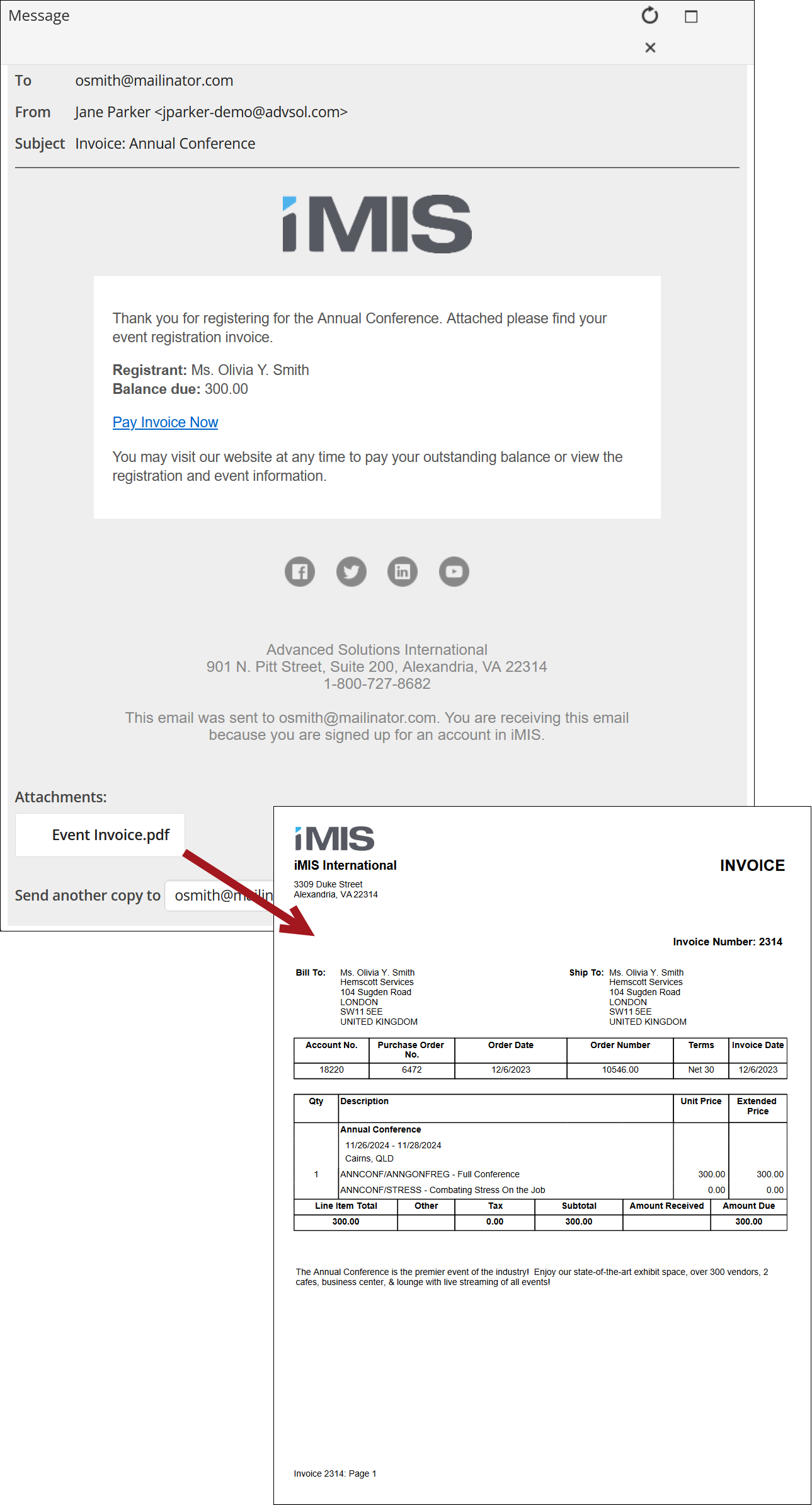 Event invoice composition screen, featuring areas to attach reports, incorporate report parameters, and a message section to inform recipients about the invoice with organizational contact details.