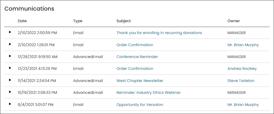 The Interaction log, titled Communications, is a table with one row per communications, including columns for the date the communicaion was sent, the communication type, subject, and owner.