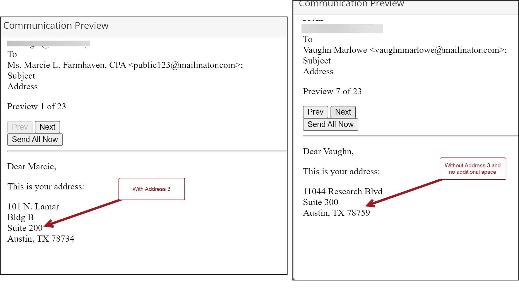 Split-screen image comparing two communication previews with conditional functions. On the left, the preview shows a complete address with the Address 3 line included for the recipient. On the right, the address for a different recipient excludes the Address 3 line and there's no additional space where the line would be, demonstrating the conditional formatting in action.
