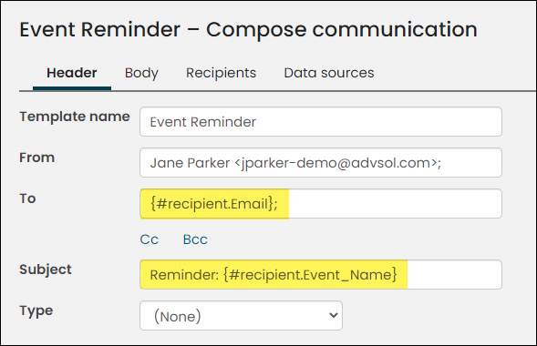 The Header tab of an event reminder email template where the To field contains {#recipient.Email}; and the Subject field contains Reminder: {#recipient.Event_Name}. 