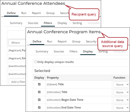 IQA windows for two Annual Conference-related queries. The Annual Conference Attendees query is labeled as the Recipient query and the Annual Conference Program Items query is labled as the additional data source.