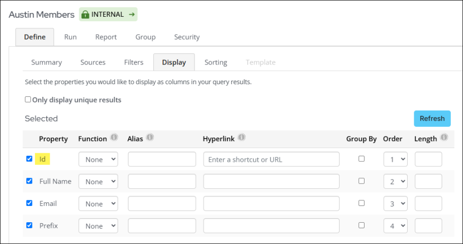 The Display tab of an IQA query highlighting the ID property