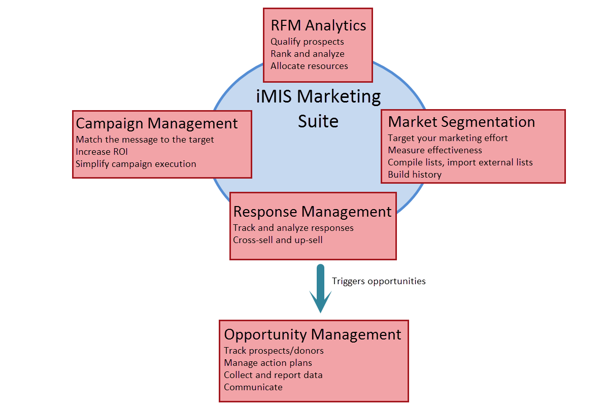 Flowchart detailing the integration of iMIS Marketing Suite components with Process Manager. The suite is represented by a central, large blue circle labeled 'iMIS Marketing Suite,' surrounded by four interconnected red boxes: 'Campaign Management,' 'RFM Analytics,' 'Market Segmentation,' and 'Response Management.' Each box lists key functionalities, such as 'Match the message to the target' for Campaign Management, and 'Qualify prospects' for RFM Analytics. Below, an arrow points downwards to a final red box, 'Opportunity Management,' which is part of the Process Manager, listing functions like 'Track prospects/donors' and 'Manage action plans.'