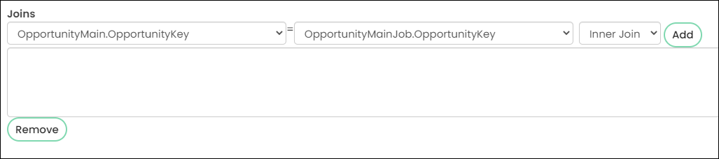 The frst Join field contains OpportunityMain.OpportunityKey and the second field contains OpportunityMainJob.OpportunityKey.