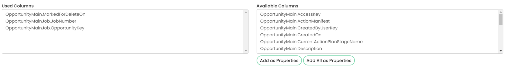 Selecting properties from the Available Columns.