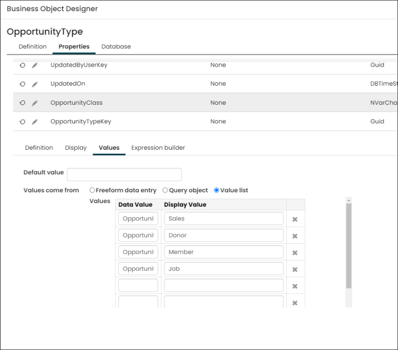 The last item in the Value list has a Data Value of OpportunityJob and a Display Value of Job.