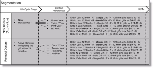 Table categorizing donors into new and renewal groups, segmented by lifecycle stage, contact preferences, and RFM (Recency, Frequency, Monetary value) criteria, with detailed descriptions of giving patterns and communication preferences for targeted marketing efforts.