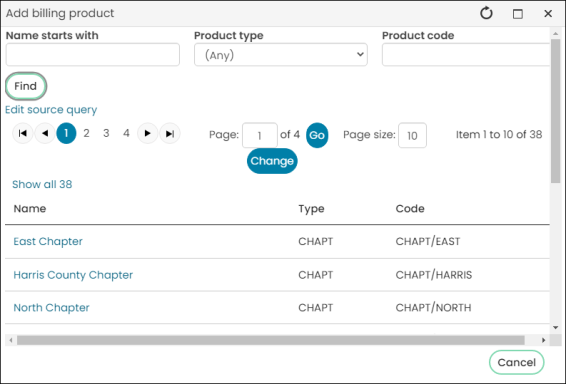 Searching for a product from the add billing product window
