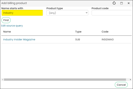 Searching for a billing product from the add billing product window