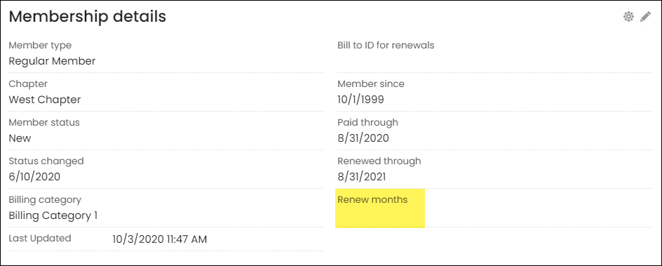 Membership details with highlight over renew months