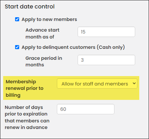 Membership settings page with membership renewal prior to billing setting highlighted
