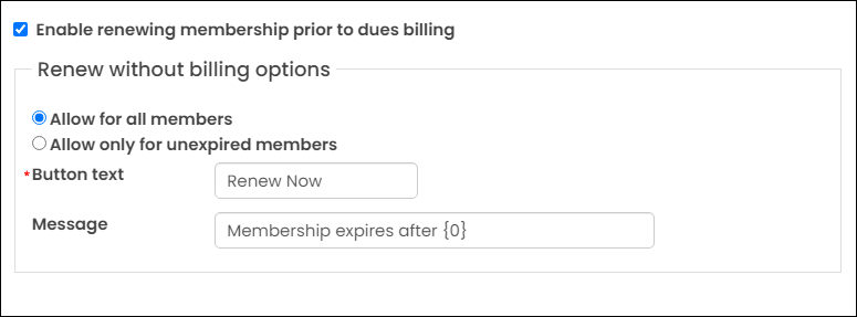 Invoice payment link content item window with enable renewing membership prior to dues billing setting enabled