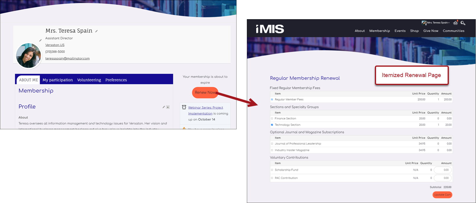 Clicking renew now takes user to itemized renewal page