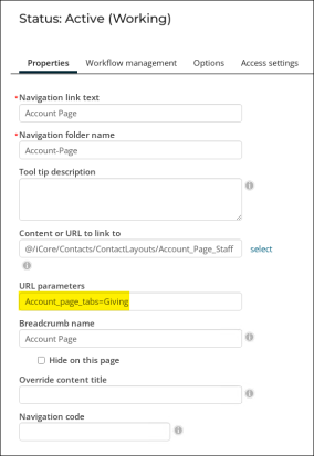 Viewing the URL paramenters field