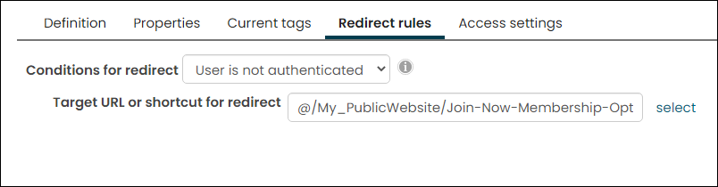 Selecting your custom page in the target URL or shortcut for redirect field