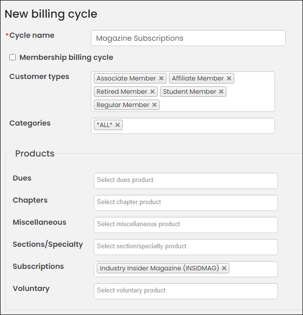 Selecting products in the new billing cycle window