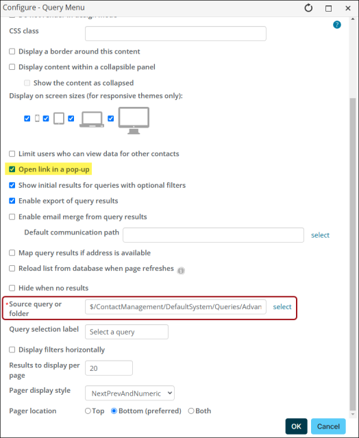 Configuring the query menu content item with box around "source query or folder" setting