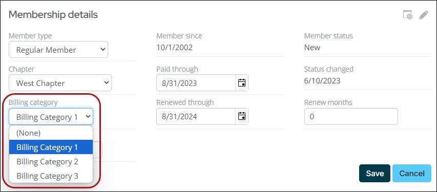 Viewing the billing category drop down from the membership account page