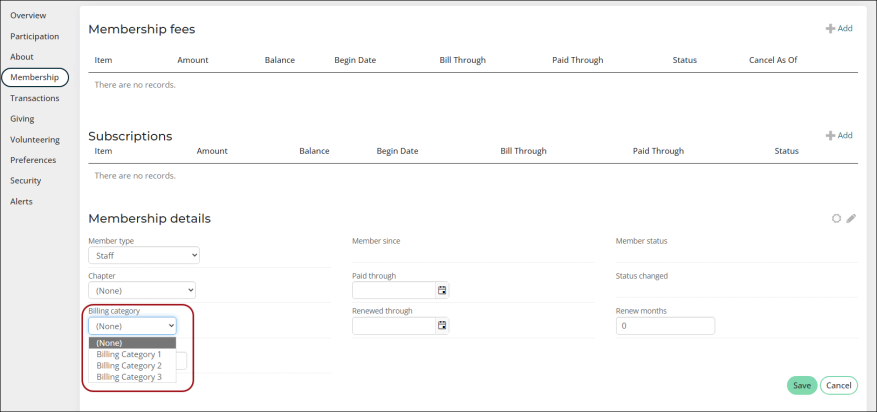 Viewing the billing category drop down from the membership account page