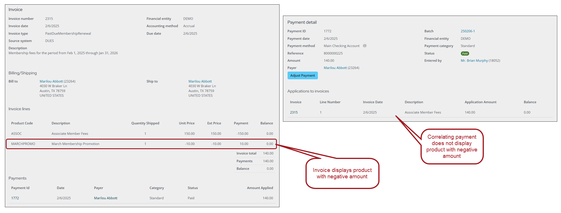 Viewing the invoice detail and payment detail