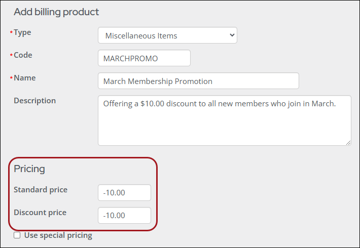 Editing a billing product that has negative pricing amounts