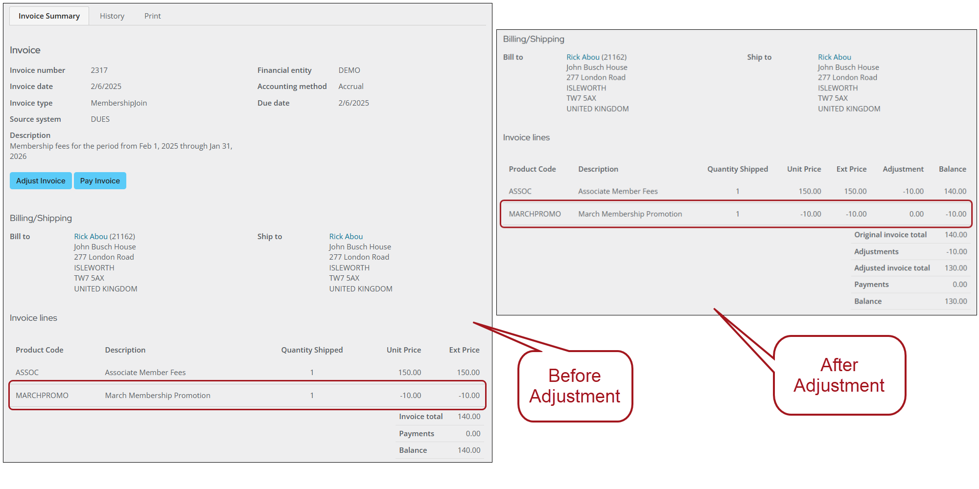 Example invoice before and after an adjustment