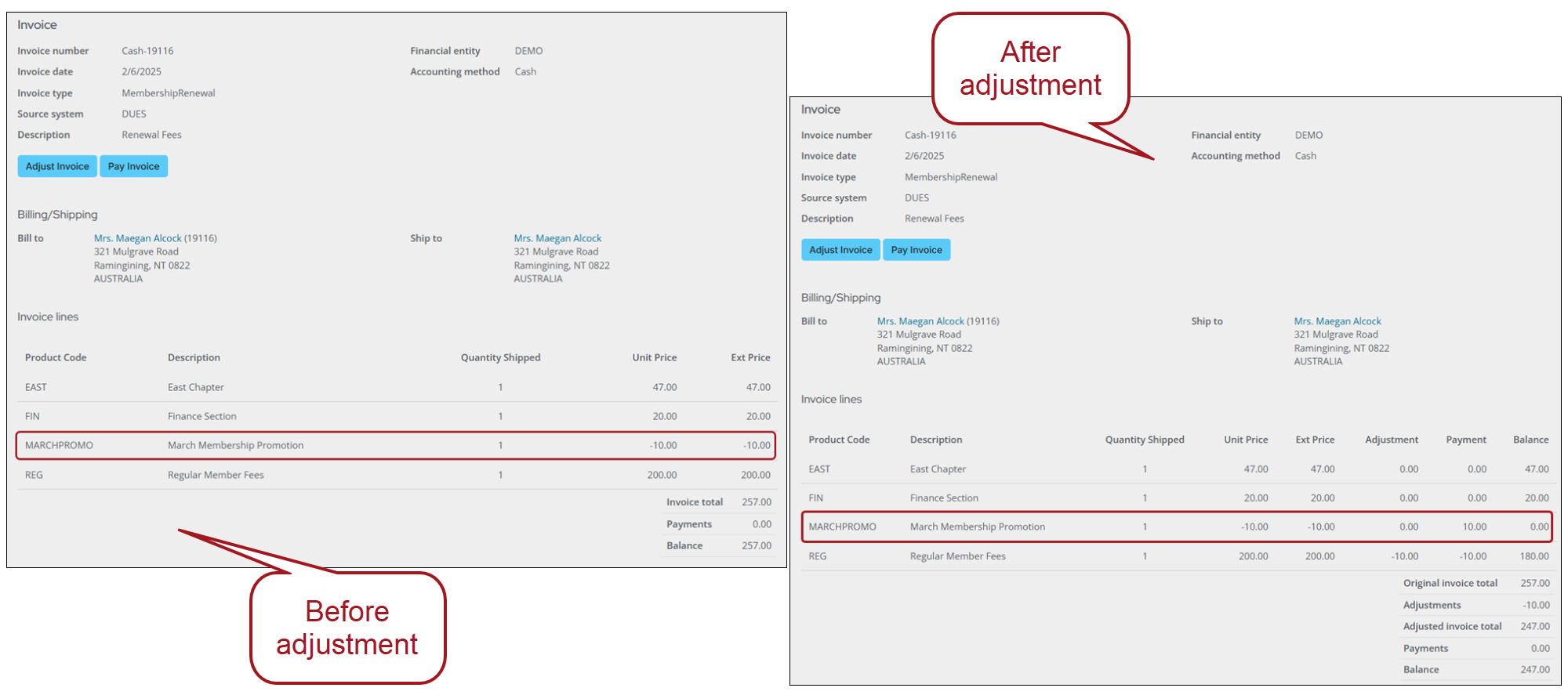 Example invoice before and after an adjustment