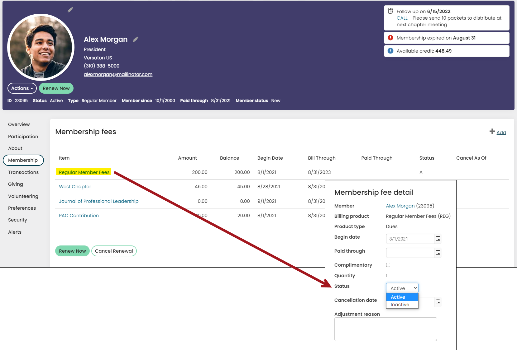 Selecting a membership fee product from the account page and changing the status