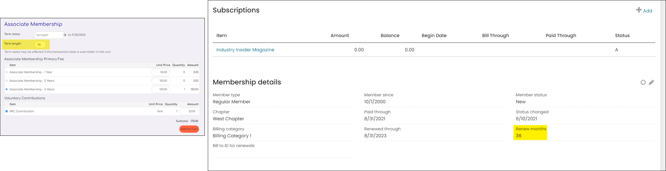 Showing where the term length appears on the contacts account page in the renewal months field