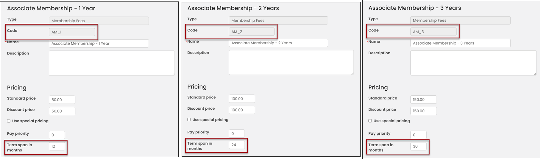 Example of how each billing product should be configured